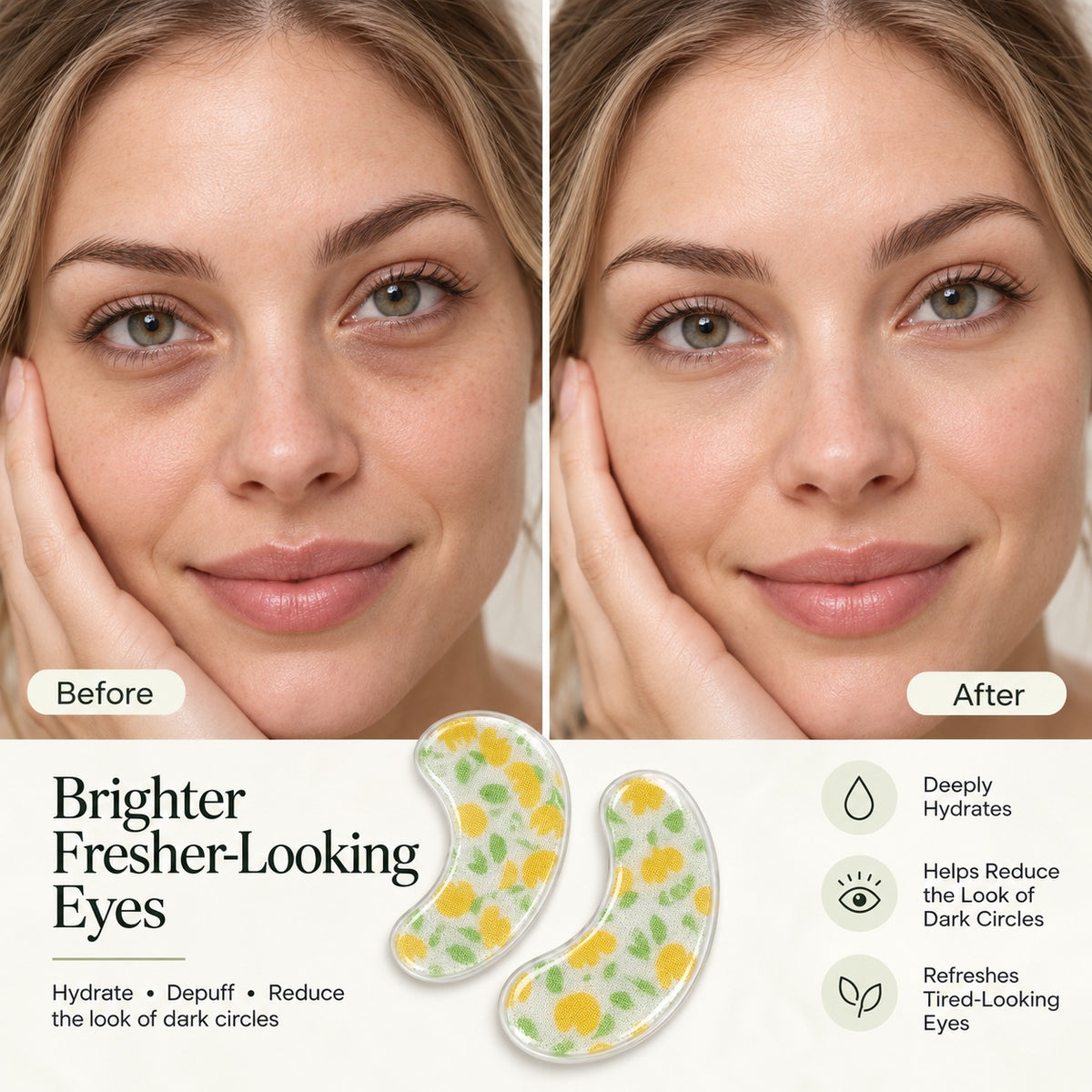 Bloom Party printed hydrogel eye patches before and after under-eye care comparison