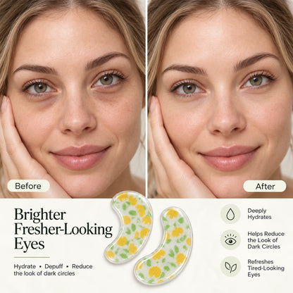 Bloom Party printed hydrogel eye patches before and after under-eye care comparison