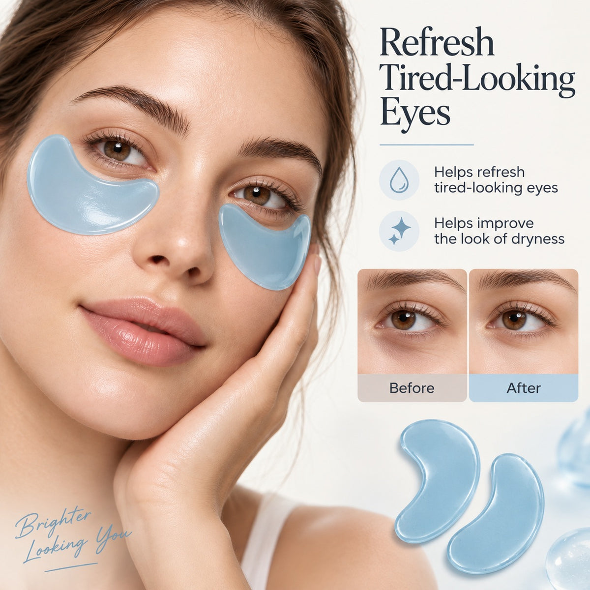 Woman wearing blue hydrogel under eye patches designed to refresh tired-looking eyes
