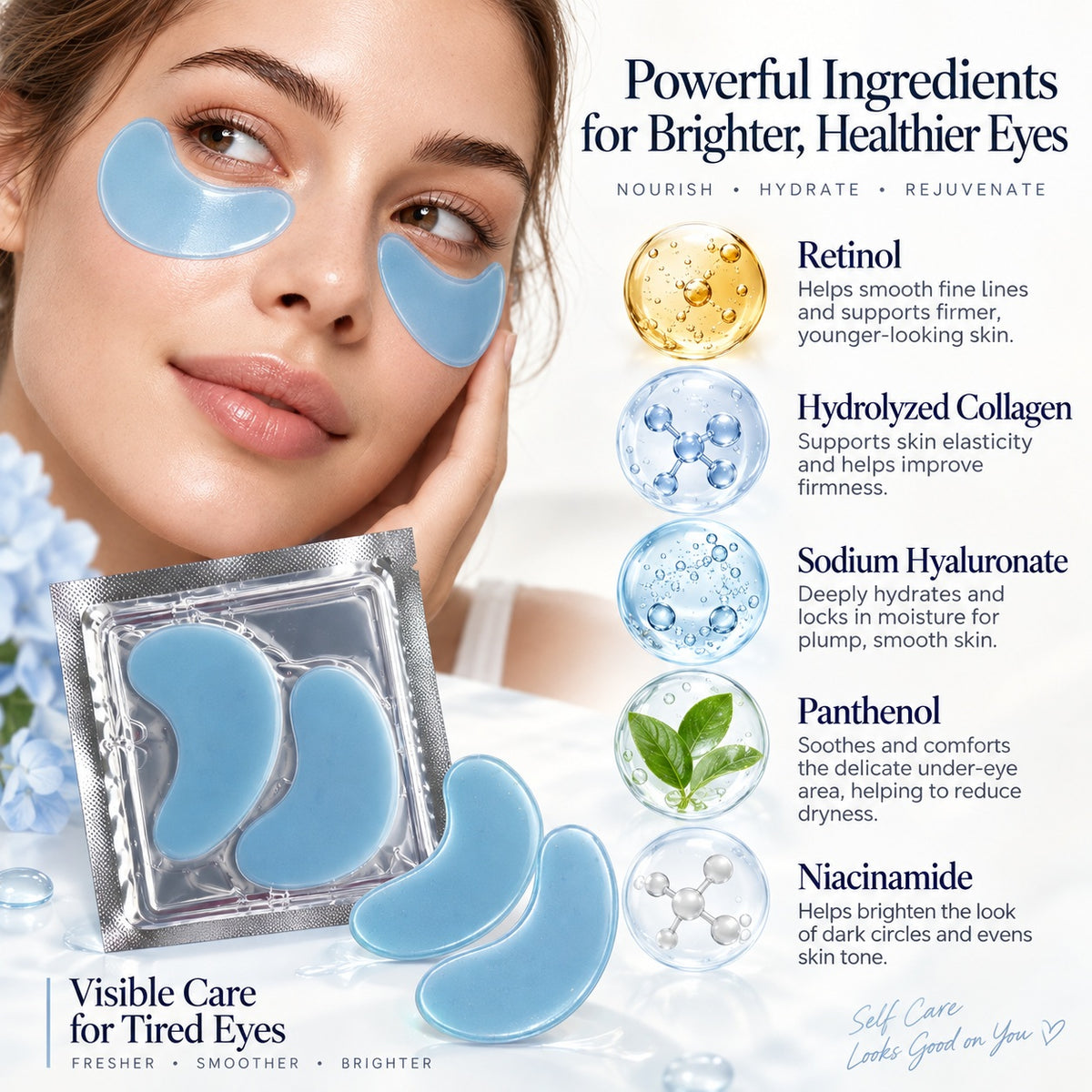 Blue hydrogel under eye patches featuring skincare ingredients for hydrating and conditioning eye care