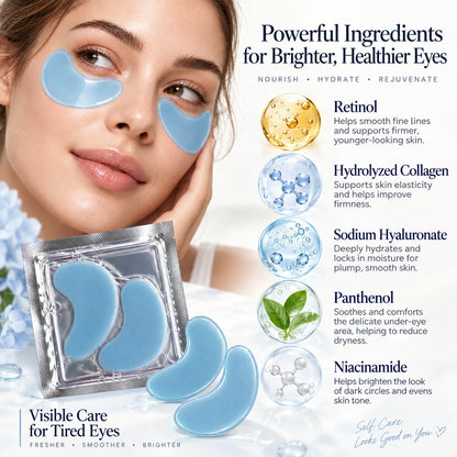 Blue hydrogel under eye patches featuring skincare ingredients for hydrating and conditioning eye care