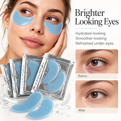 Woman using blue hydrogel eye patches with individual sachet packaging for brightening eye care
