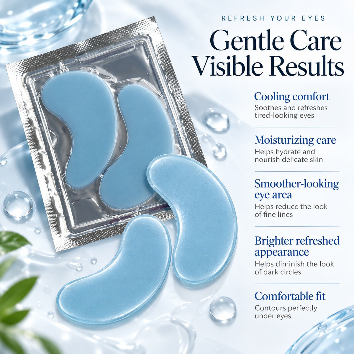 Blue hydrogel under eye patches with individual sachet packaging for private label eye care