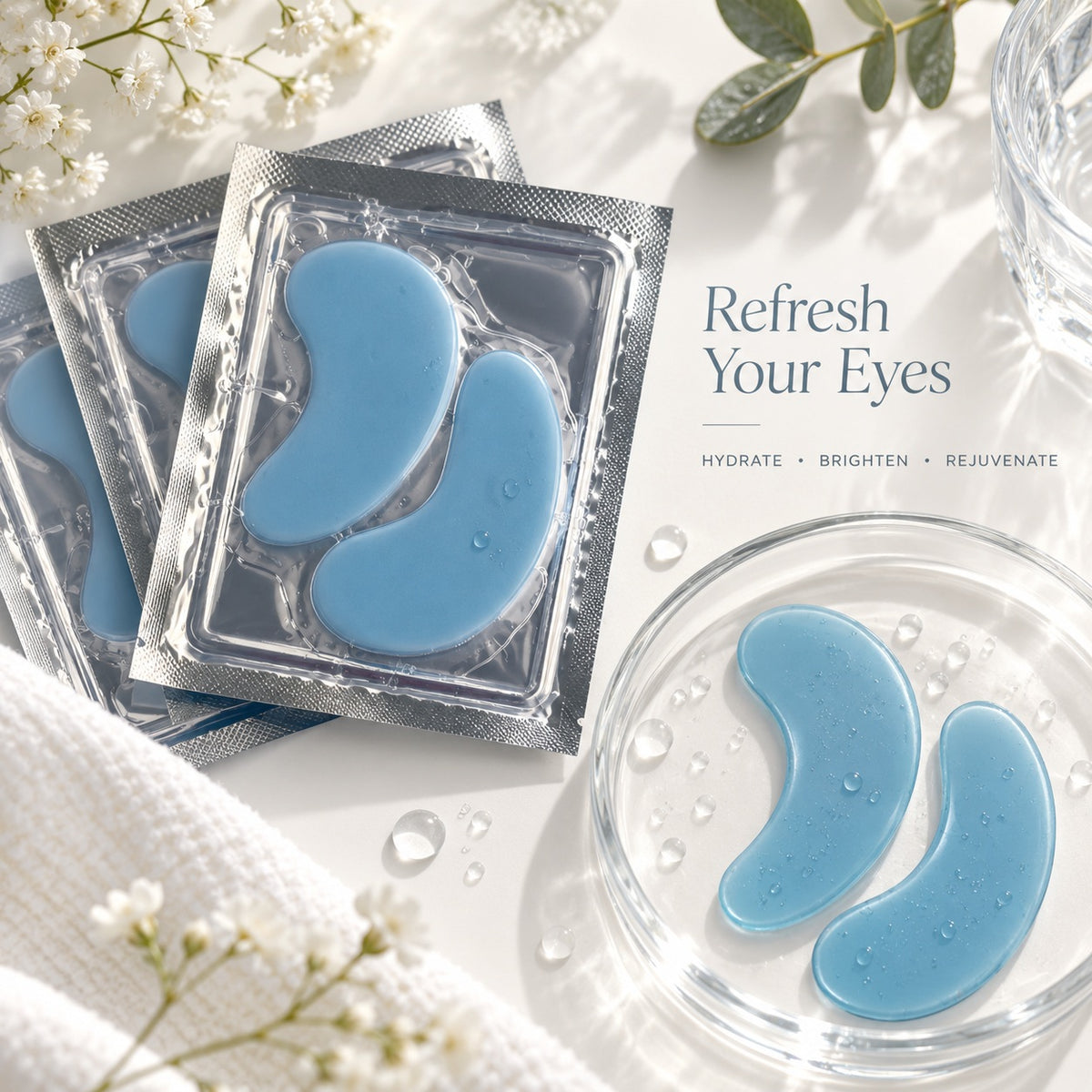 Blue hydrogel under eye patches in individual sachets for refreshing and hydrating eye care