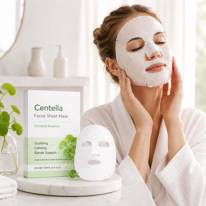 Centella sheet mask used in a soothing facial skincare routine