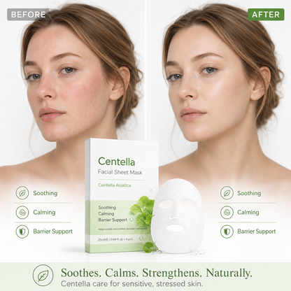 Model using Centella soothing sheet mask for calming skincare routine