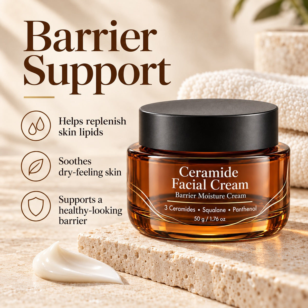 Ceramide Barrier Moisture Cream highlighting skin lipid replenishment, soothing care and daily moisture barrier support.
