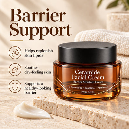 Ceramide Barrier Moisture Cream highlighting skin lipid replenishment, soothing care and daily moisture barrier support.