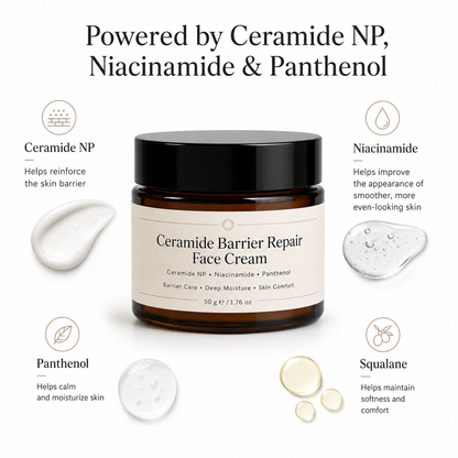 Barrier repair cream with ceramide complex niacinamide panthenol and squalane