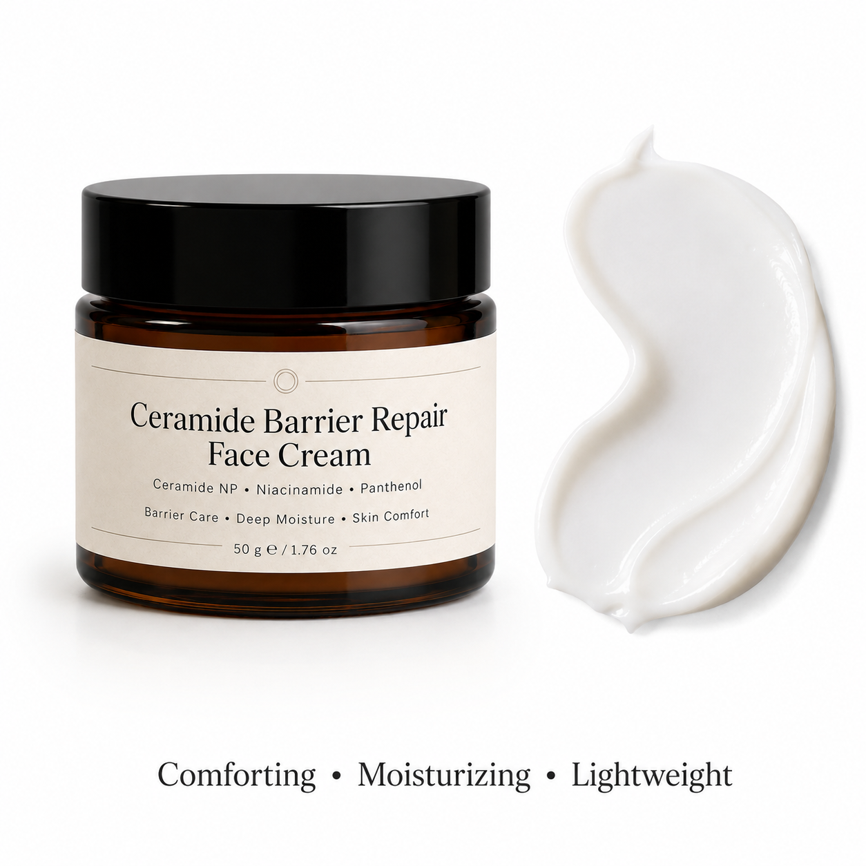 Milky white ceramide barrier repair cream texture with rich non-greasy finish