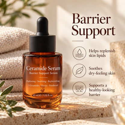 Ceramide Barrier Support Serum with a three-ceramide complex, highlighting skin comfort, lipid replenishment and daily barrier care.