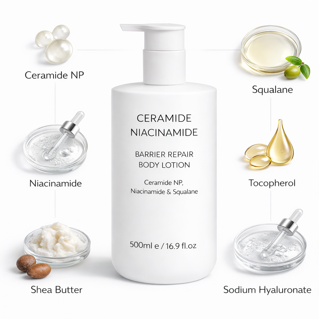 Ceramide body lotion key ingredients with Ceramide NP niacinamide squalane and panthenol