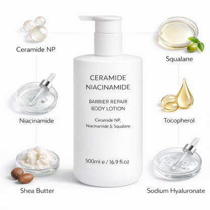 Ceramide body lotion key ingredients with Ceramide NP niacinamide squalane and panthenol