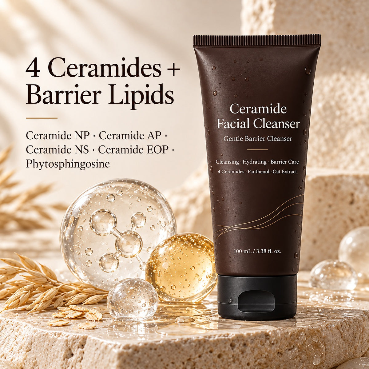 Ceramide Facial Cleanser with Ceramide NP, AP, NS and EOP, featuring a barrier lipid skincare ingredient concept.