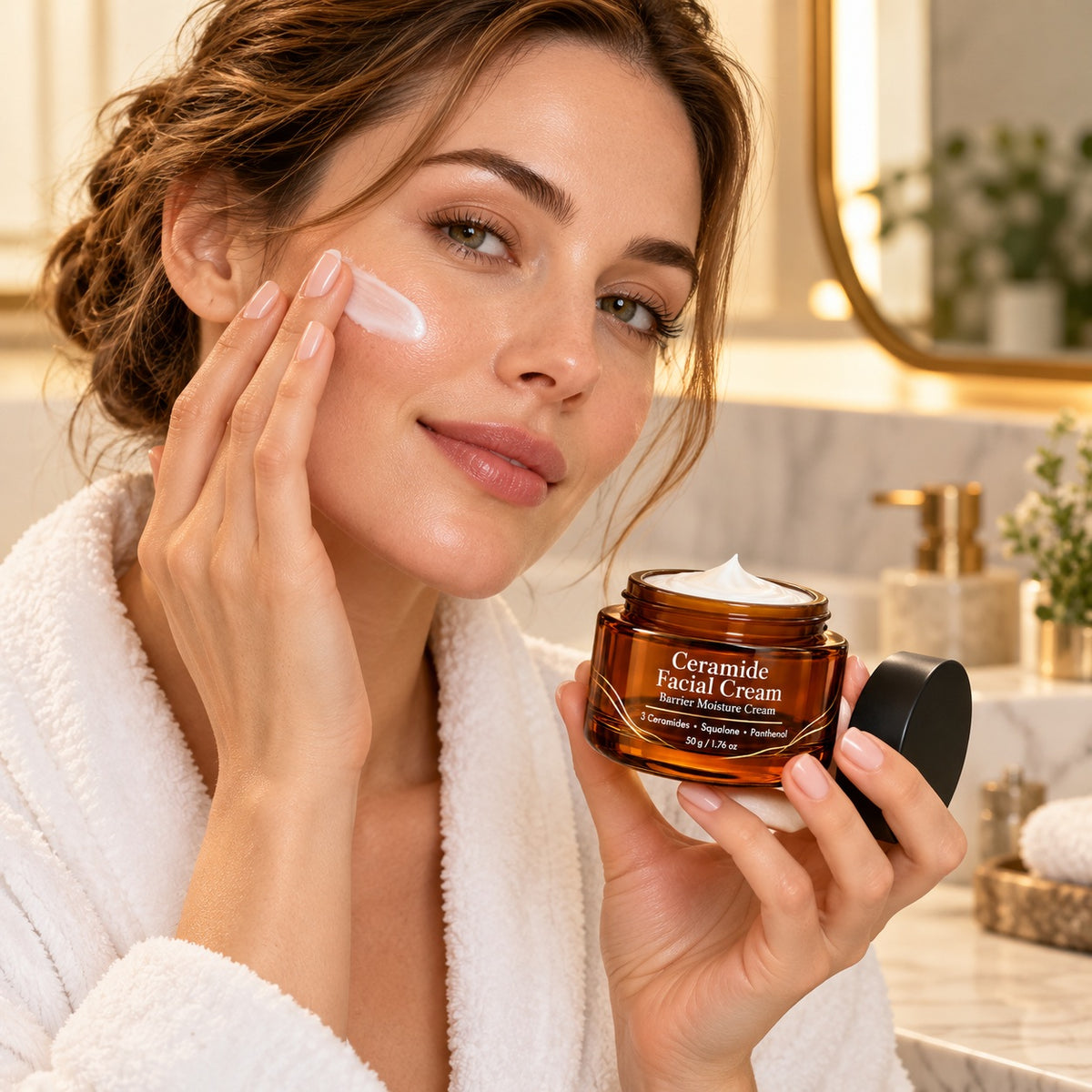 Woman applying Ceramide Facial Cream to her cheek while holding an open amber moisturizer jar during her daily skincare routine.