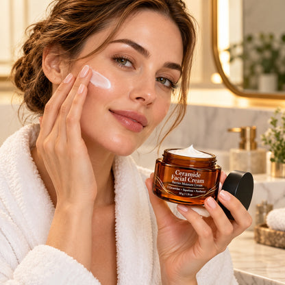 Woman applying Ceramide Facial Cream to her cheek while holding an open amber moisturizer jar during her daily skincare routine.