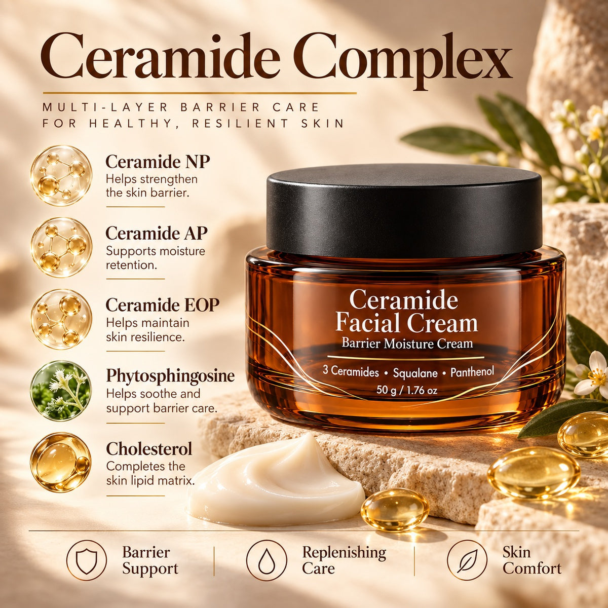 Ceramide Facial Cream featuring Ceramide NP, AP and EOP with phytosphingosine and cholesterol for skin barrier support.