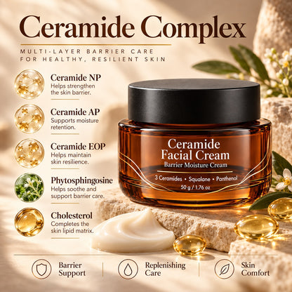 Ceramide Facial Cream featuring Ceramide NP, AP and EOP with phytosphingosine and cholesterol for skin barrier support.