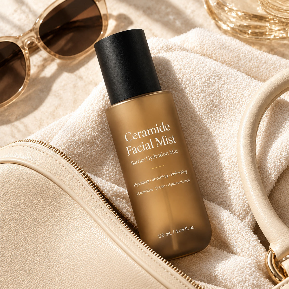Ceramide Facial Mist 120ml displayed with a cream cosmetic bag, towel and sunglasses in a travel skincare setting.