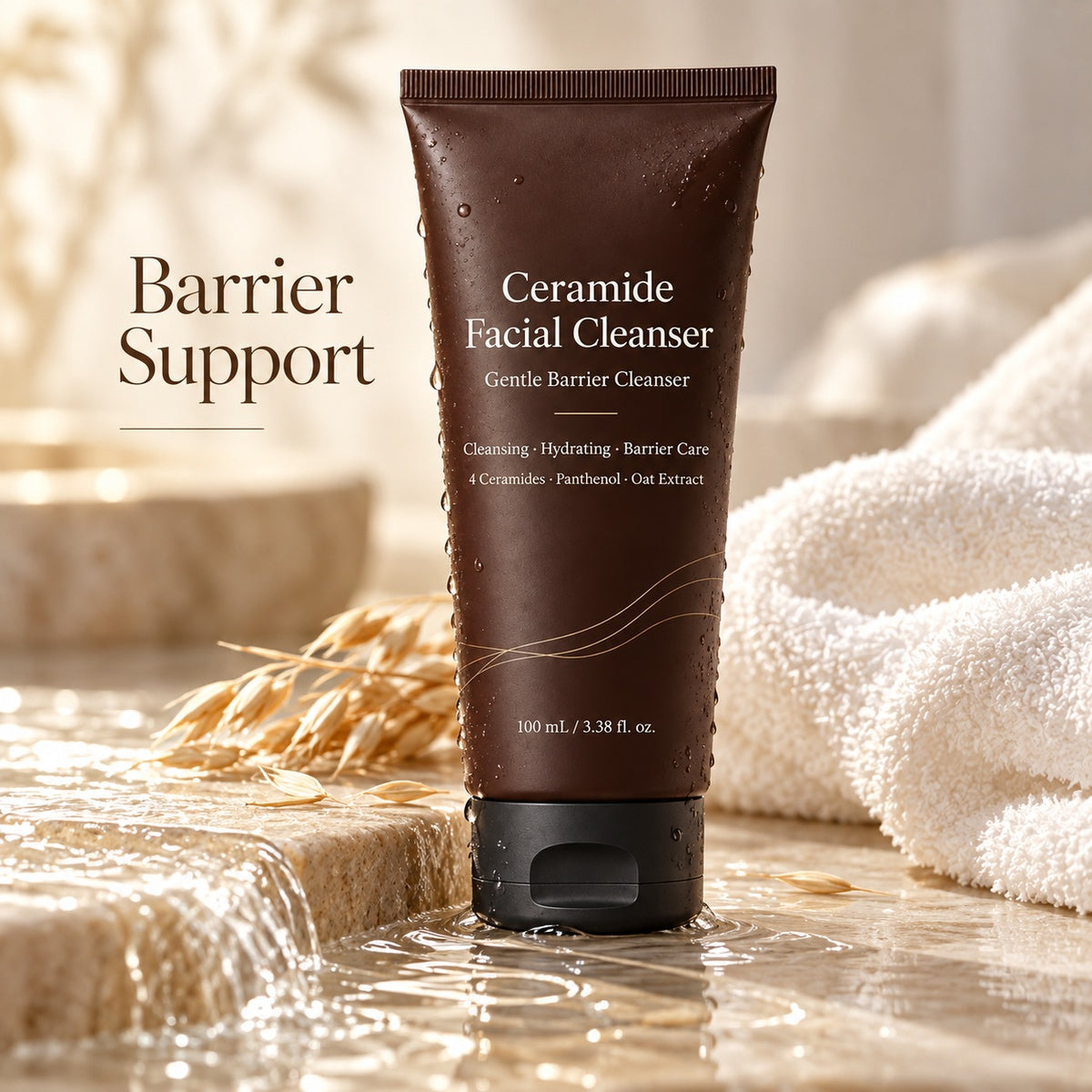 Ceramide Facial Cleanser displayed with water, natural stone and a soft towel to highlight daily skin barrier support.