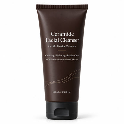 Ceramide Facial Cleanser 100ml in a matte dark brown squeeze tube with a black flip-top cap on a pure white background.