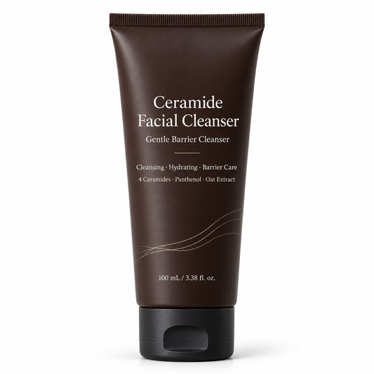Ceramide Facial Cleanser 100ml in a matte dark brown squeeze tube with a black flip-top cap on a pure white background.