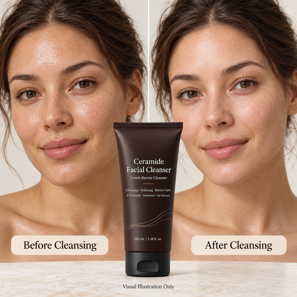Before and after visual illustration of facial skin appearance with Ceramide Facial Cleanser, not actual clinical test results.