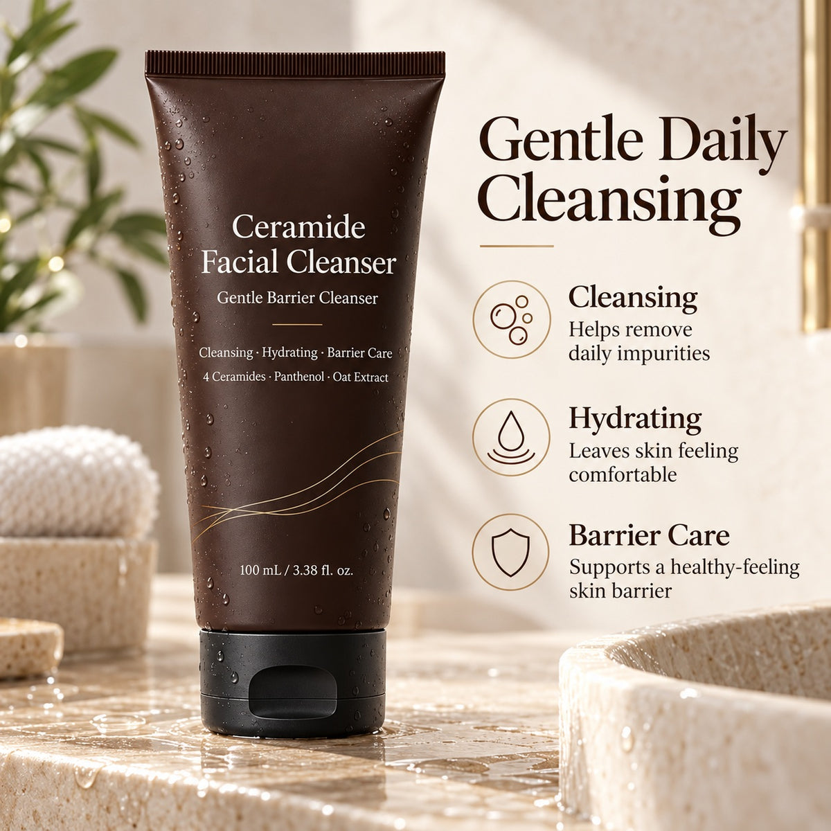 Ceramide Facial Cleanser highlighting gentle daily cleansing, hydration and skin barrier care beside a modern bathroom sink.