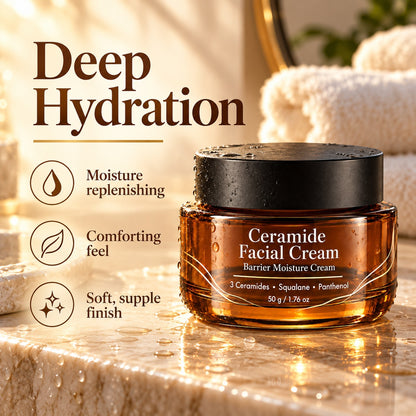Hydrating Ceramide Facial Cream 50g highlighting moisture replenishment, skin comfort and a soft, supple finish.