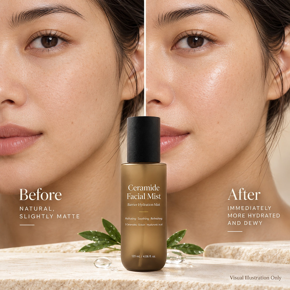 Before and after concept illustration of facial skin hydration appearance with Ceramide Facial Mist, not actual clinical results.