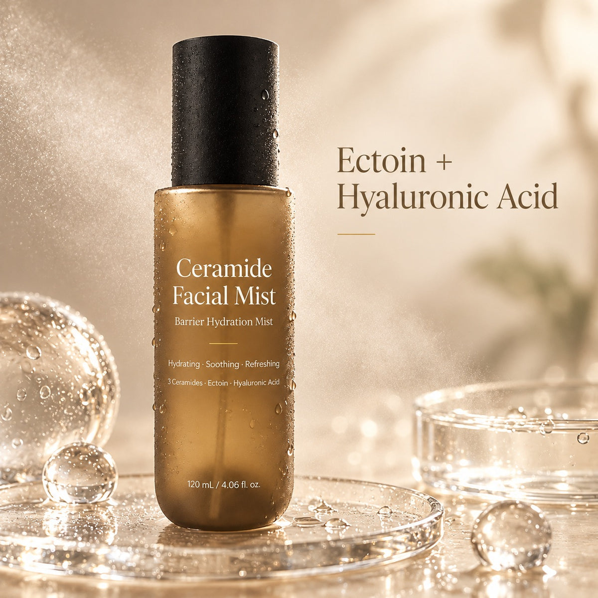 Ceramide facial mist with Ectoin and Hyaluronic Acid, displayed with water droplets to highlight hydration and skin comfort.