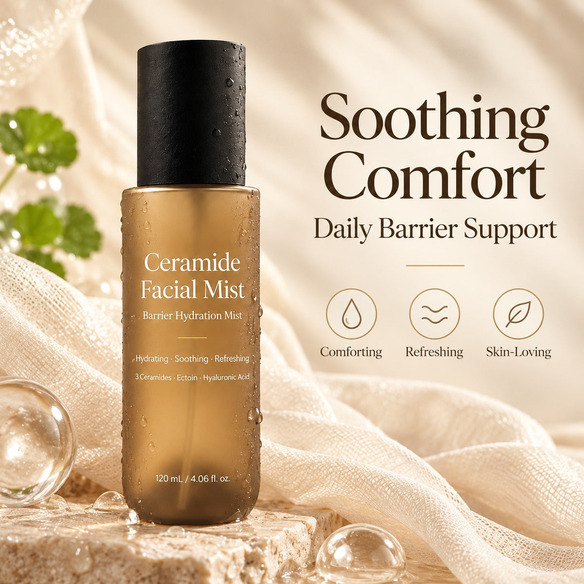 Ceramide Facial Mist with soothing comfort and daily skin barrier support benefits, displayed with soft fabric and botanical accents.