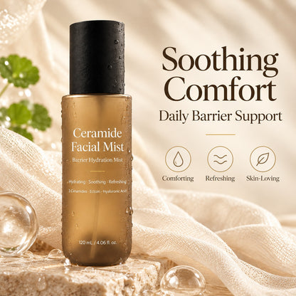 Ceramide Facial Mist with soothing comfort and daily skin barrier support benefits, displayed with soft fabric and botanical accents.