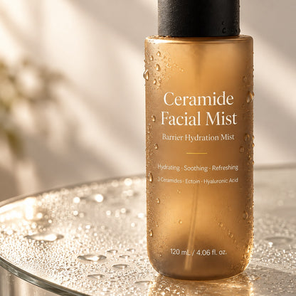 Close-up of frosted amber Ceramide Facial Mist bottle with water droplets, emphasizing a refreshing skincare feel.
