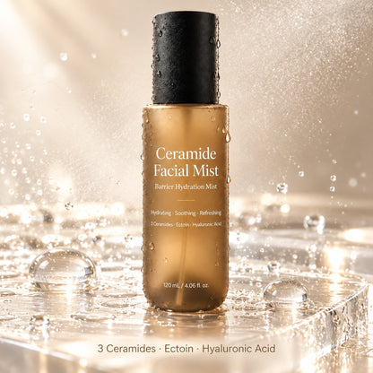 Ceramide Facial Mist bottle surrounded by fresh water splashes, highlighting a refreshing hydrating skincare concept.