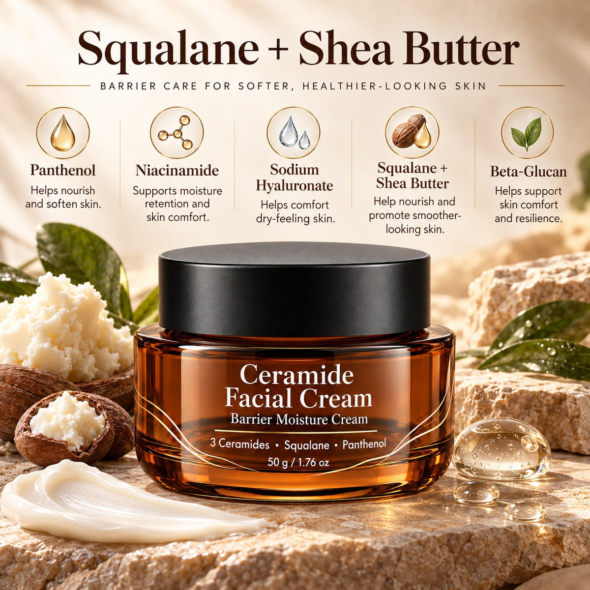 Ceramide moisturizer with squalane, shea butter, panthenol, niacinamide and sodium hyaluronate for nourishing and moisturizing skincare.