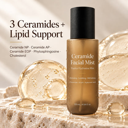 Ceramide Facial Mist featuring Ceramide NP, AP and EOP with a lipid-support formula for daily skin barrier care.