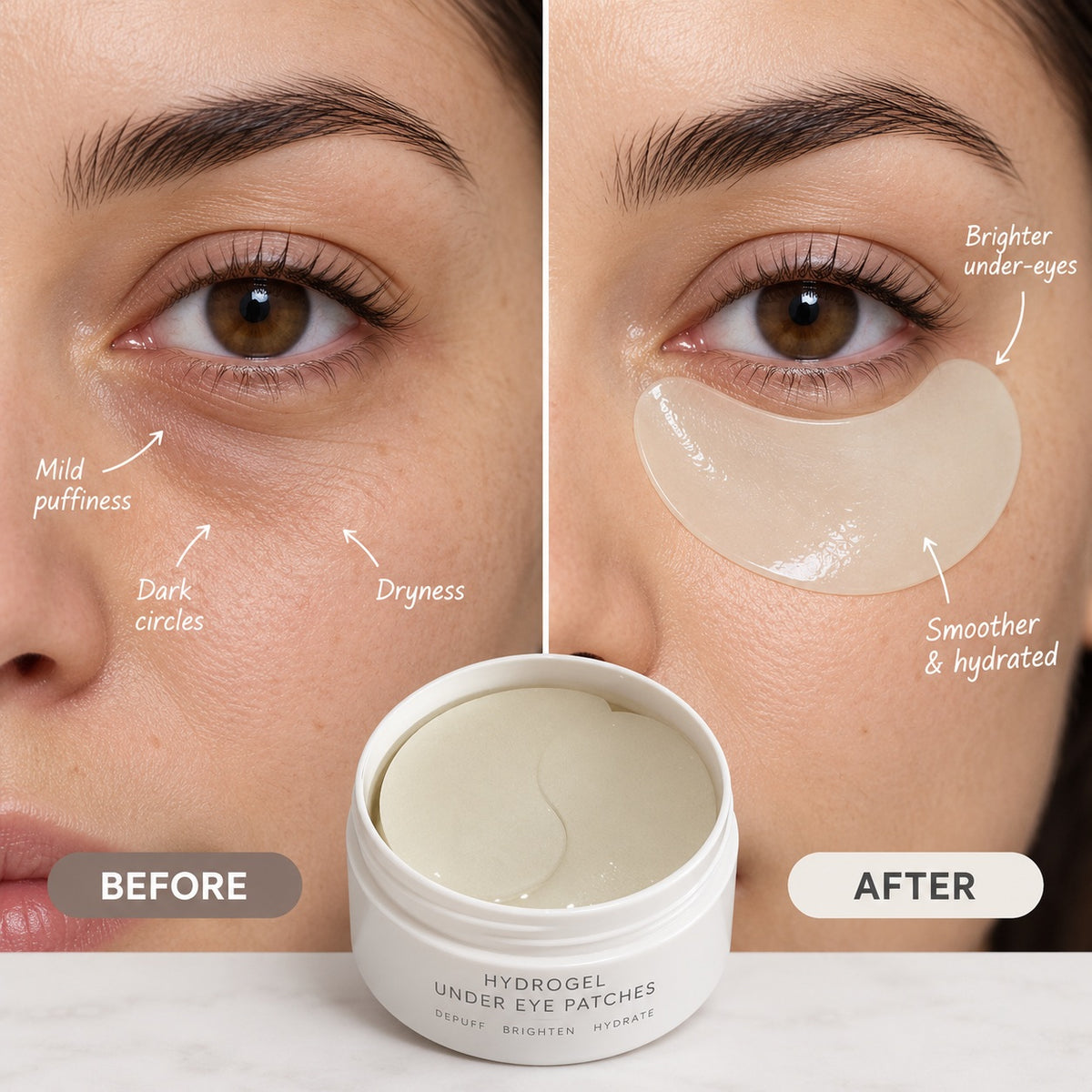 Ceramide Peptide Hydrogel Eye Patches before and after under-eye appearance comparison