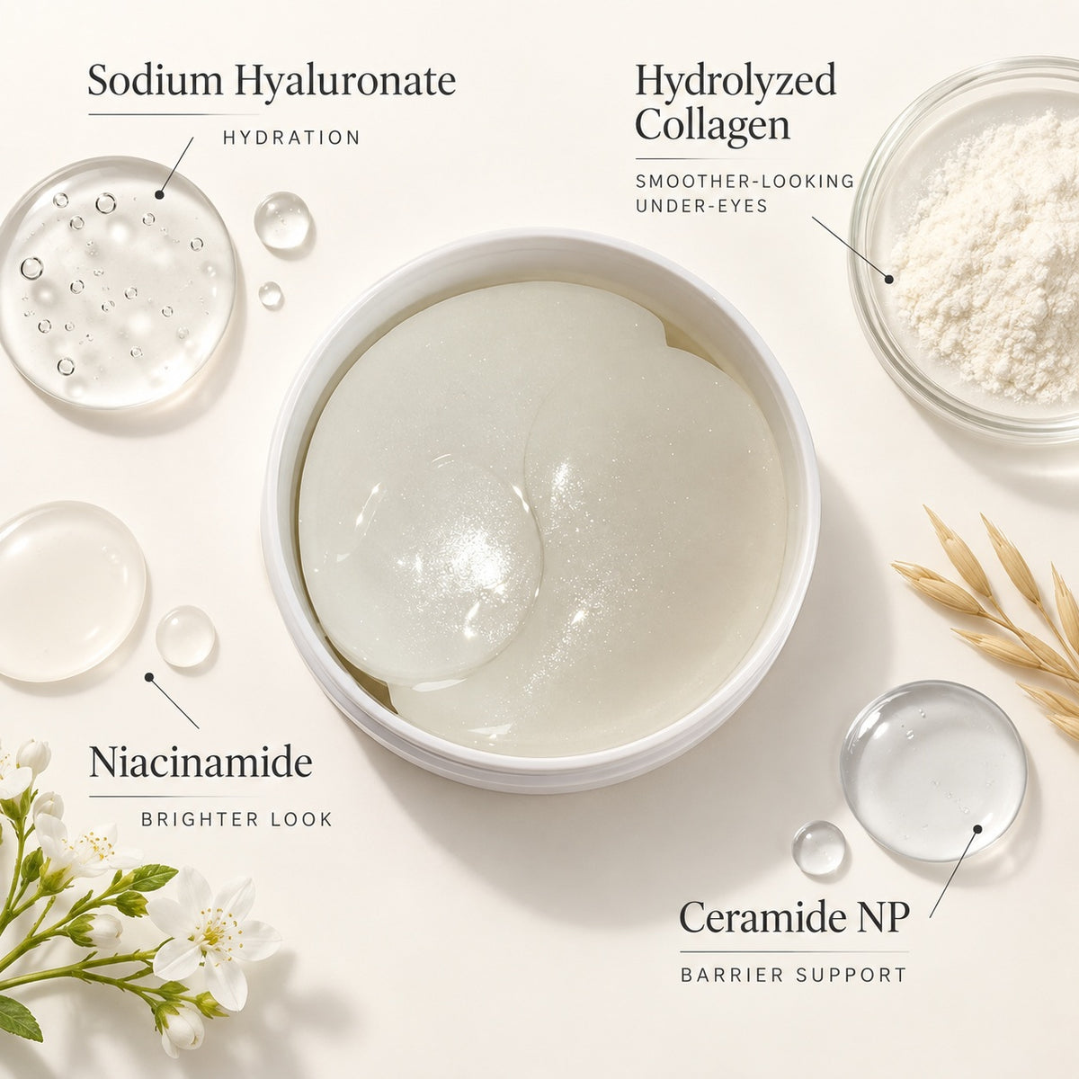 Ceramide Peptide Hydrogel Eye Patches with sodium hyaluronate, hydrolyzed collagen, niacinamide and Ceramide NP