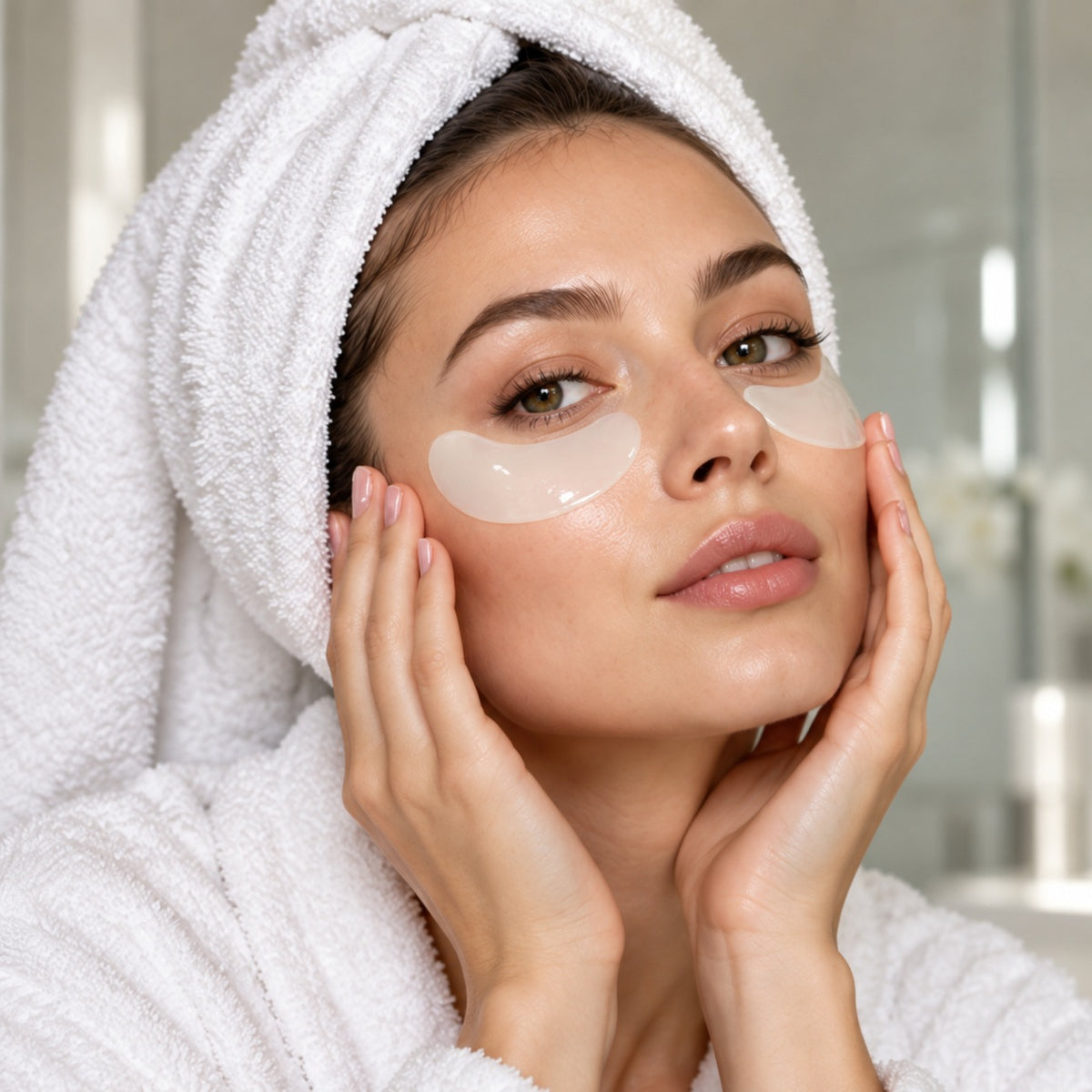 Model wearing Ceramide Peptide Hydrogel Under Eye Patches for moisturizing and soothing under-eye care
