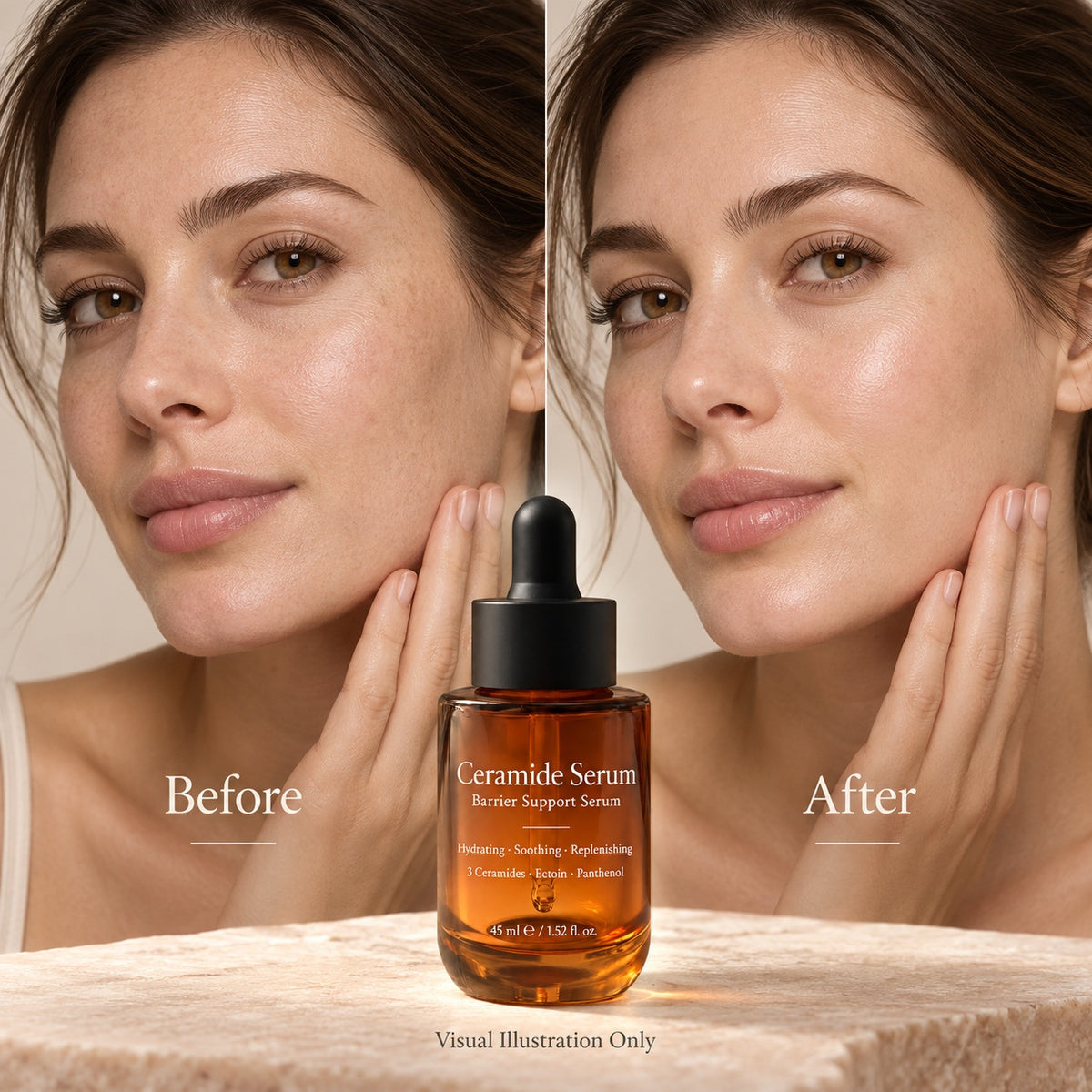 Before and after visual illustration of facial skin hydration appearance with Ceramide Serum, not actual clinical or consumer test results.