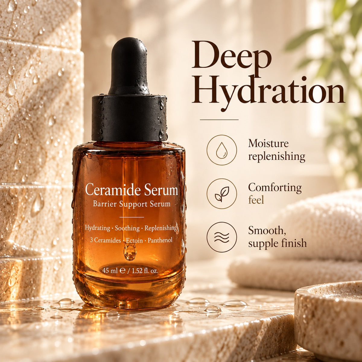 Hydrating Ceramide Serum in an amber dropper bottle with water droplets, highlighting moisture replenishment and smooth, supple-looking skin.