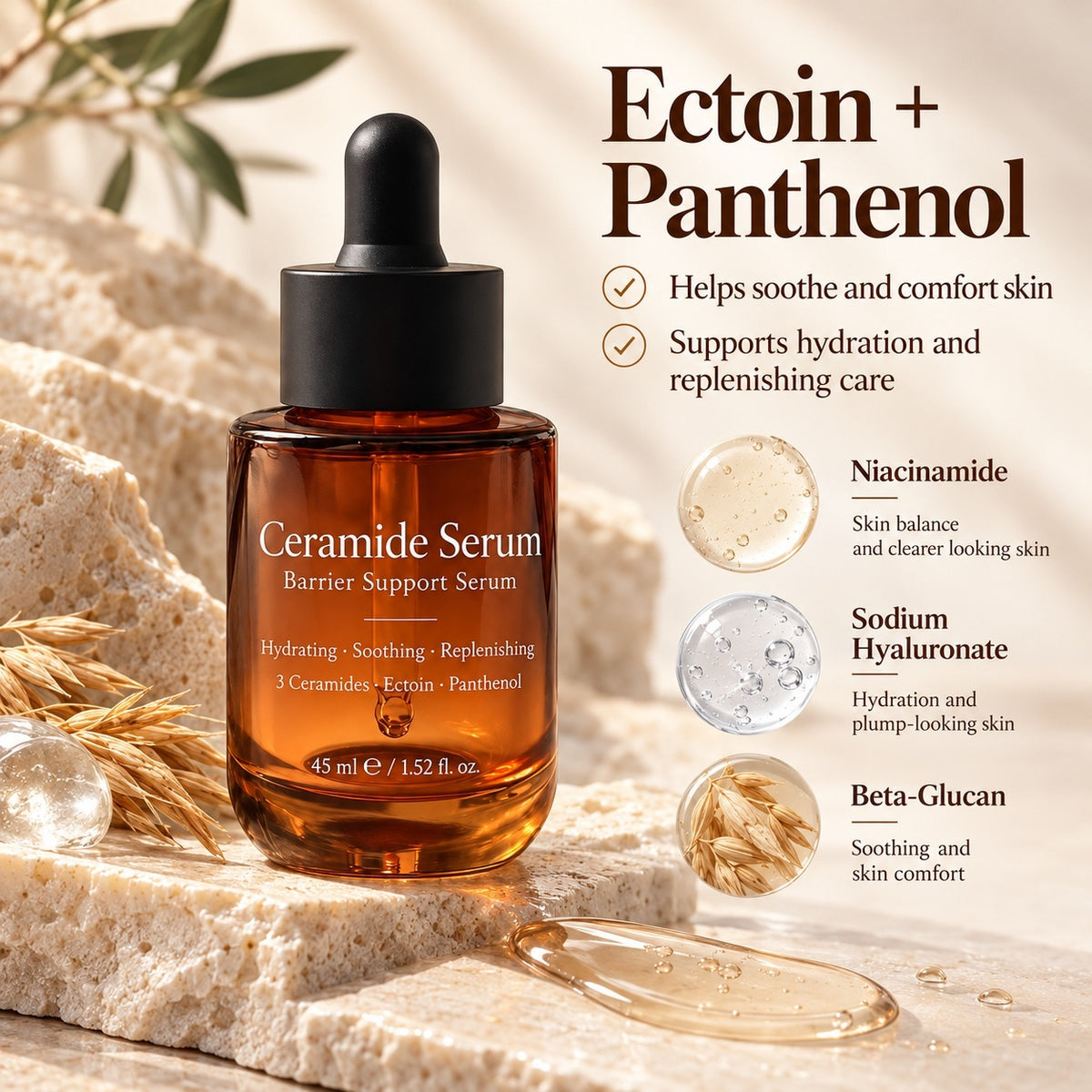 Ceramide Serum featuring ectoin, panthenol, niacinamide, sodium hyaluronate and beta-glucan for hydrating and soothing skincare.
