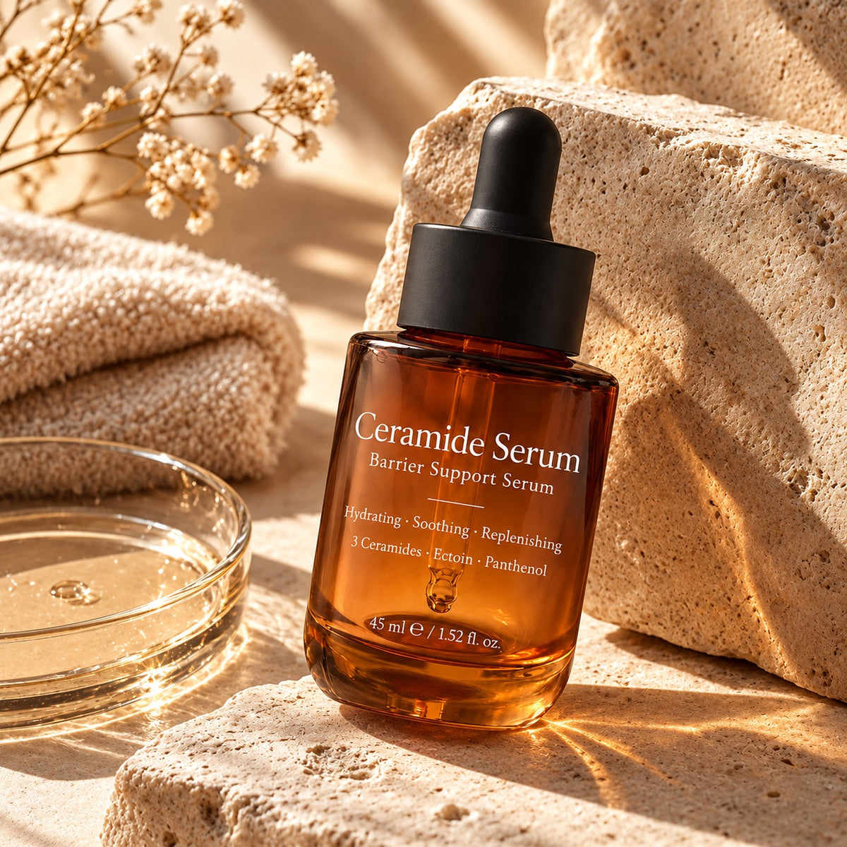 Ceramide Serum amber glass bottle displayed on natural beige stone with a soft towel and warm sunlight in a luxury skincare setting.