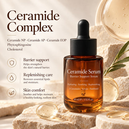 Ceramide Serum featuring Ceramide NP, Ceramide AP and Ceramide EOP with phytosphingosine and cholesterol for skin barrier support.