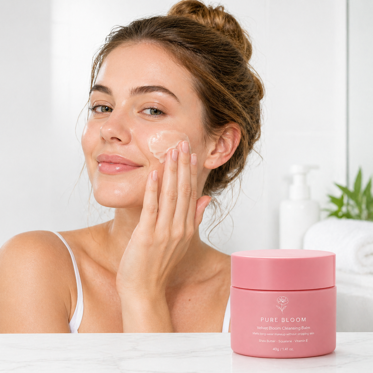 Model applying cleansing balm for makeup removal routine
