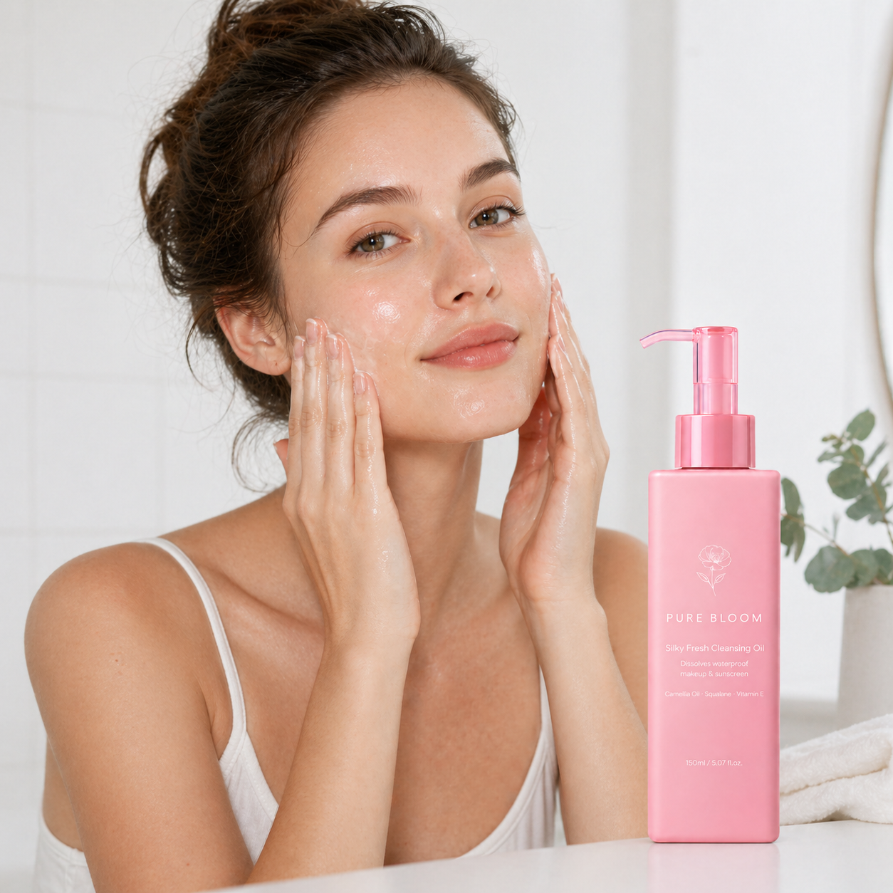 Model applying cleansing oil for makeup removal routine