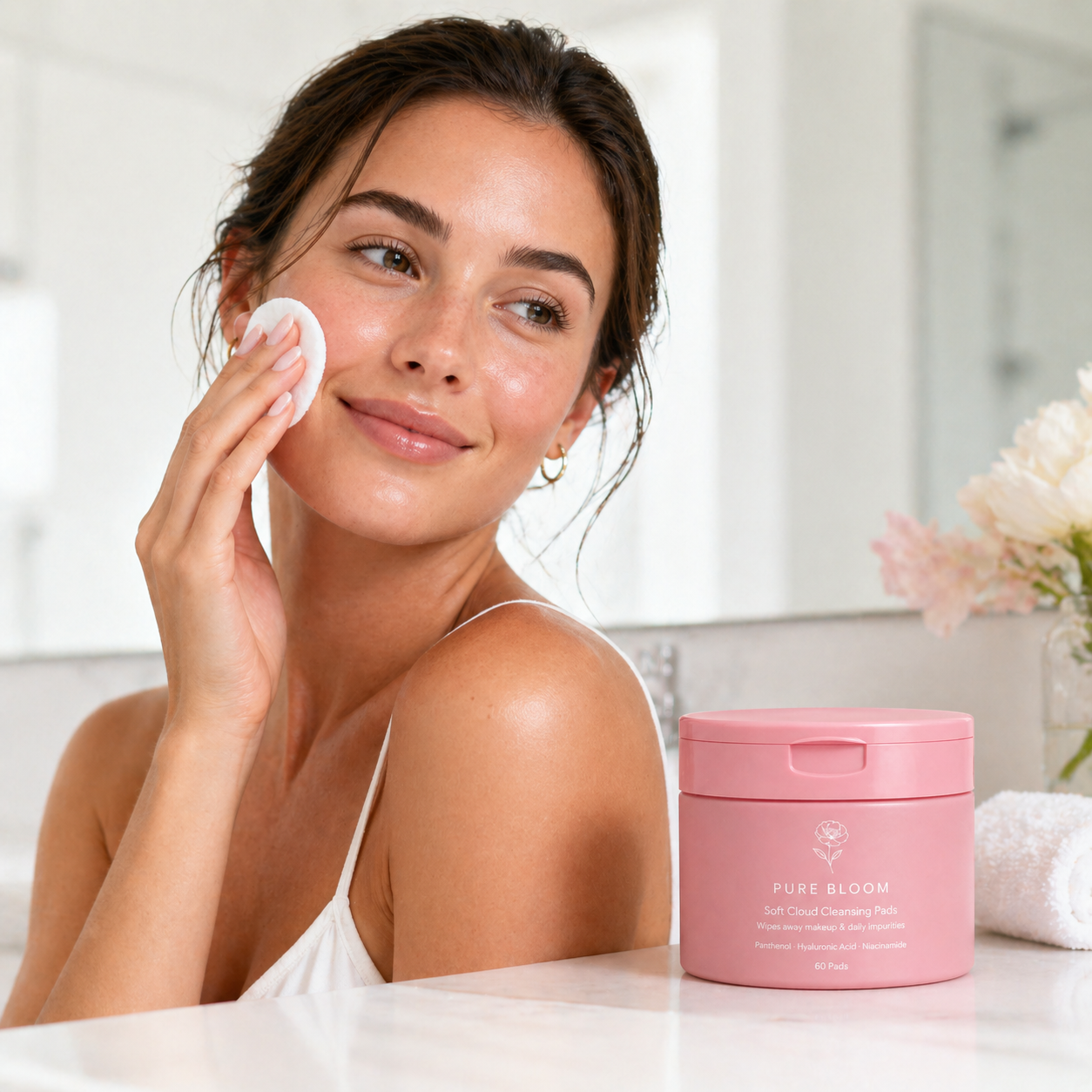 Model using pre-soaked cleansing pads for makeup removal