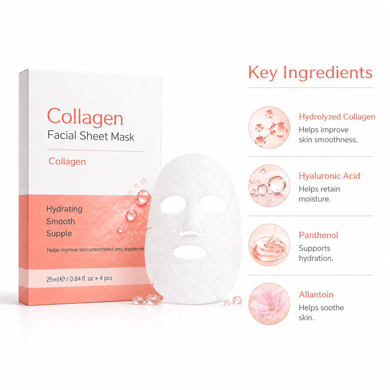 Collagen facial mask ingredient display for OEM skincare brands