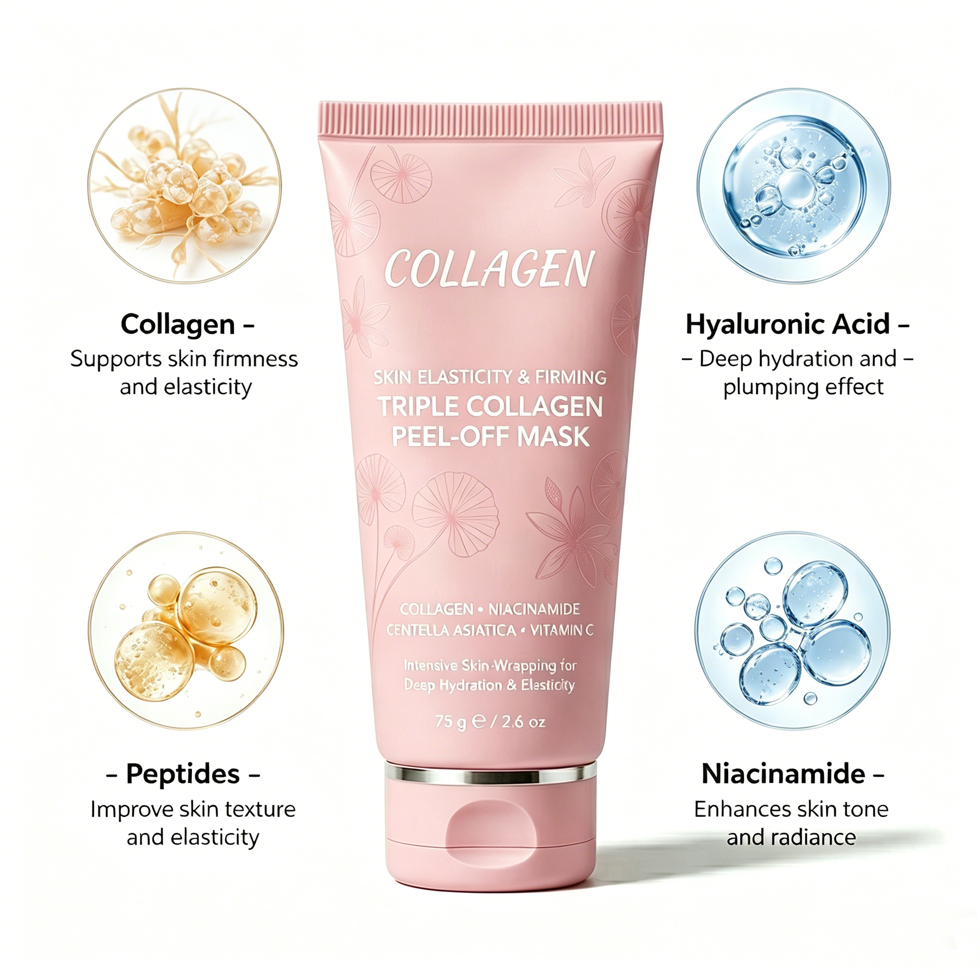 Collagen peel-off mask key ingredients with niacinamide Vitamin C and Centella
